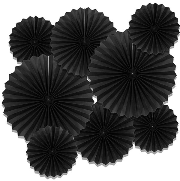 Zyooo 8 ventiladores de papel colgantes negros para decoraciones de fiestas, 12 pulgadas y 16 pulgadas Embalaje Deteriorado For Discount