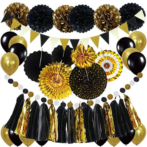 Zerodeco Decoración para Fiestas, Negro y Dorado Pompones de Papel Colgantes abanicos Bandera de Onda Triangular Guirnalda Colgante Globo para cumpleaños Navidad Carnaval Año Nuevo decoración Embalaje Deteriorado Sale